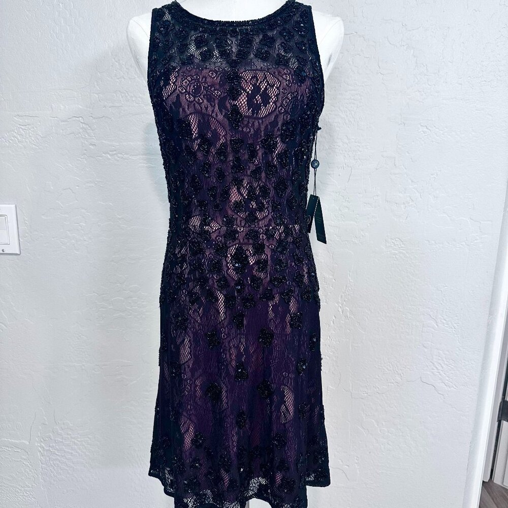 Adrianna Papell Black Illusion Beaded and Sequin Dress Size 2 NWT Retails $199